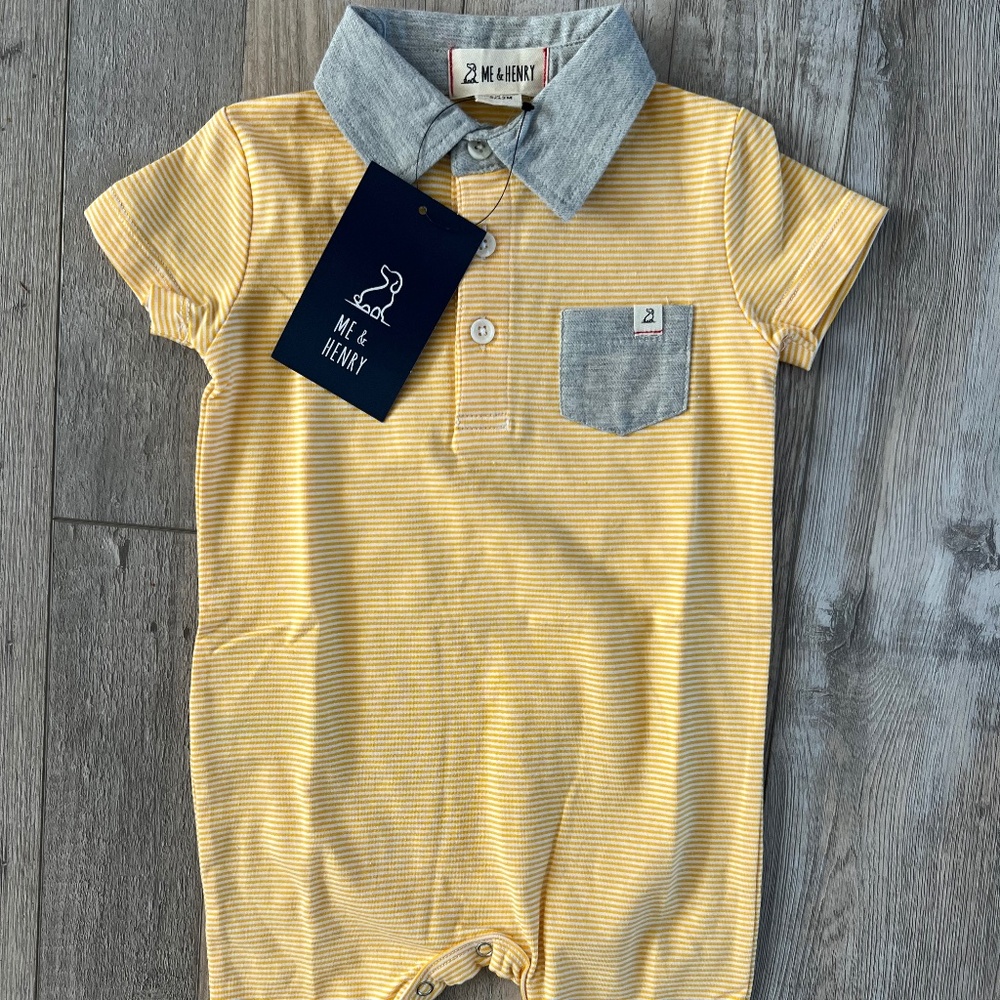 Me & Henry Yellow Stripe Polo Romper with Chambray Collar
